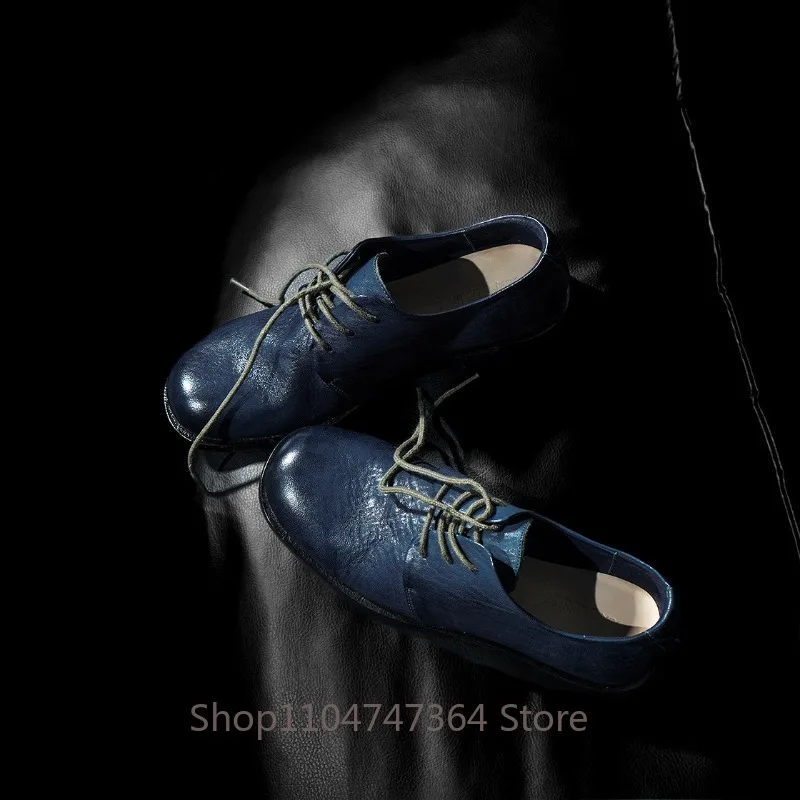 Handmade Shoes Women's Blue Genuine Leather Lace Up Derby Leather Shoes Female Casual Shallow Mouth Fashion Design