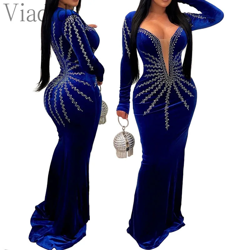 Vestido de fiesta de noche hasta el suelo con cuello en V y diamantes de imitación de malla de terciopelo Sexy para mujer vestidos de sirena con