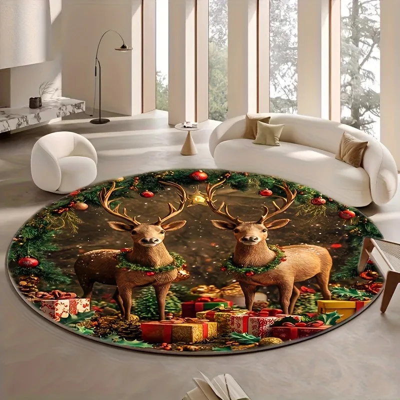 Reindeer Couple Pine Garland Round Mat 40x40cm Office Winter Floor Decoration