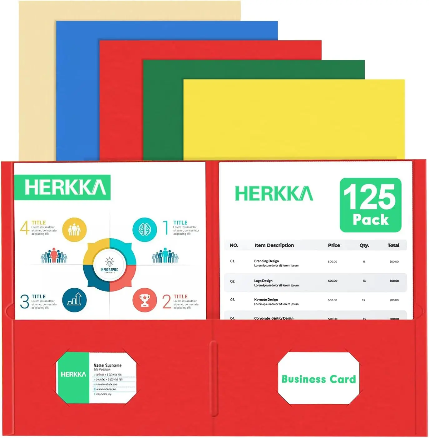 

Папка с двумя карманами, 125 штук, 2 кармана для документов, с отделением для визитных карточек, формат Letter, для офиса и школы