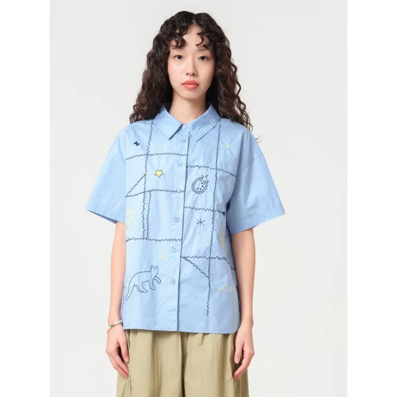 

Рубашка MOVEUP с коротким рукавом, повседневная, летняя новинка 2026, из чистого хлопка, в клетку, с забавной вышивкой кошки, со спущенными плечами, для женщин, 3ELX20448