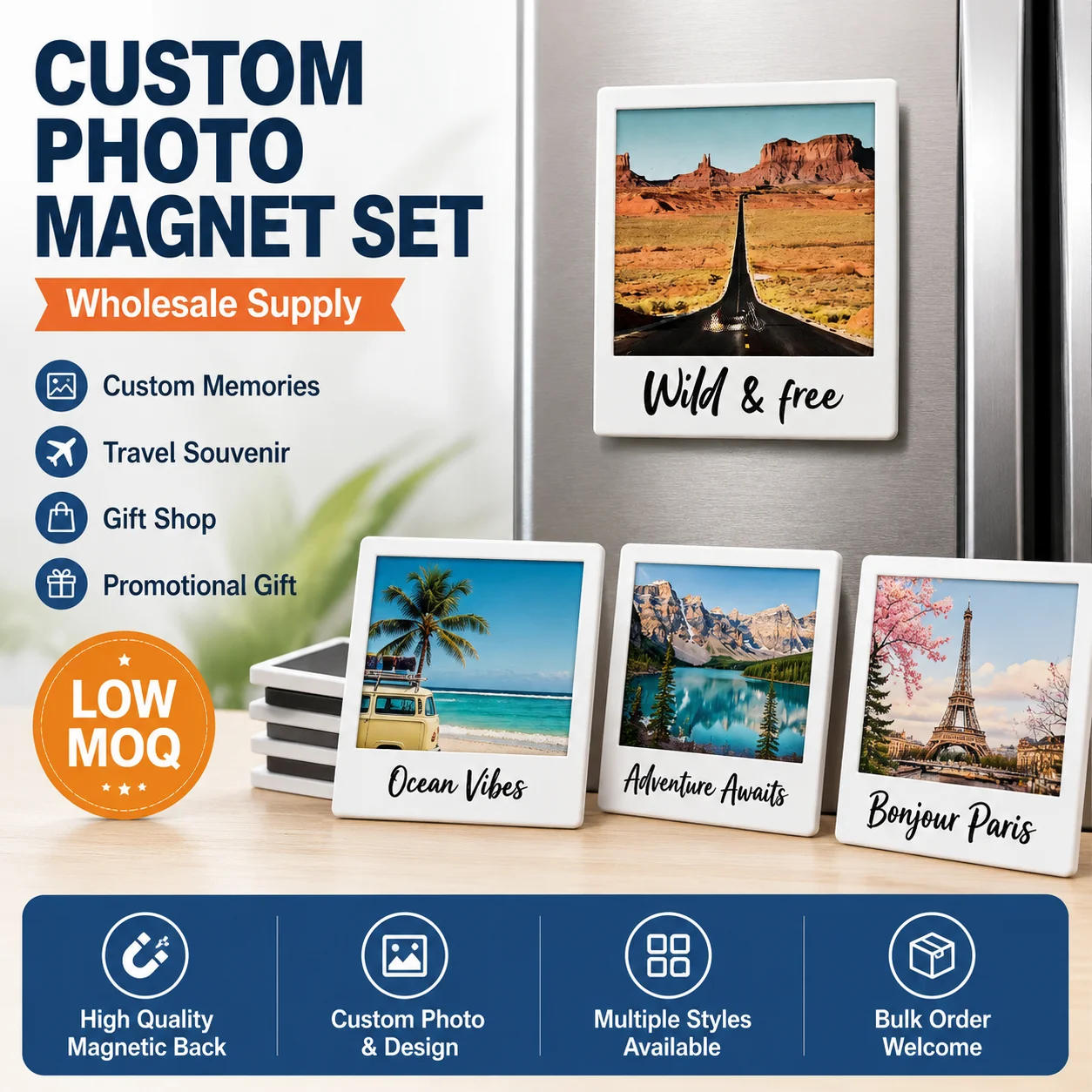 Custom Personalized Photo Magnets, Customizable Picture Frame Refrigerator Magnets Travel Souvenir Fridge Magnets Low MOQ