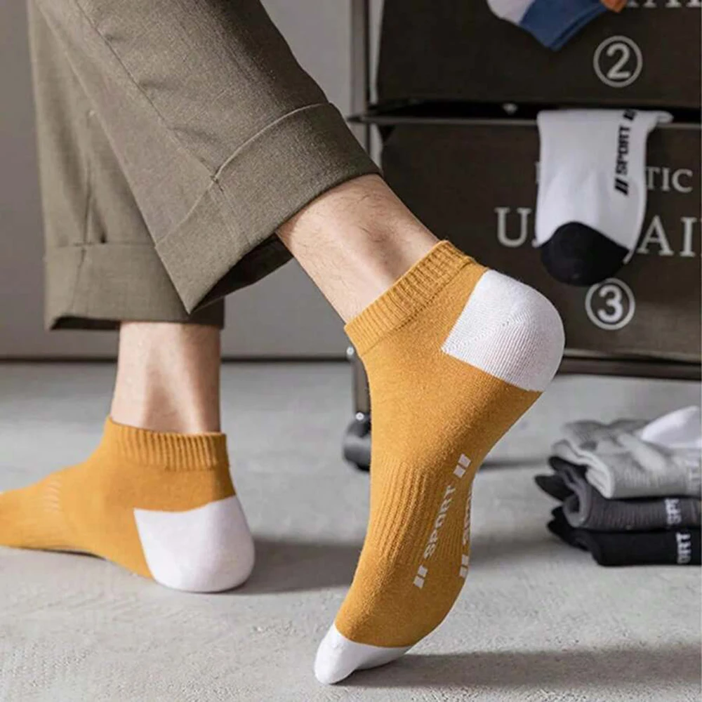 5 Pairs Men Letter Boat Socks Fashionable Vertical Striped Round Neck Socks Breathable Sweat Absorbing Comfortable Casual Socks﻿