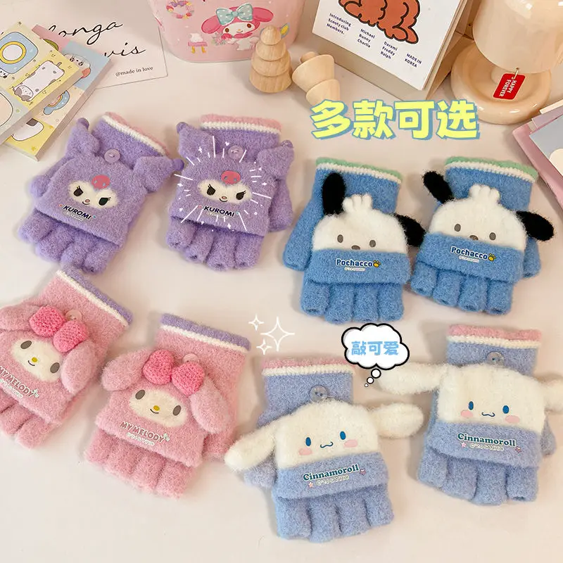 

Sanrio Anime Cartoon Winter Gloves Cute Kuromi Cinnamoroll Warm Half Finger Gloves Flip Knit Thick Women's Screen Touch Gift