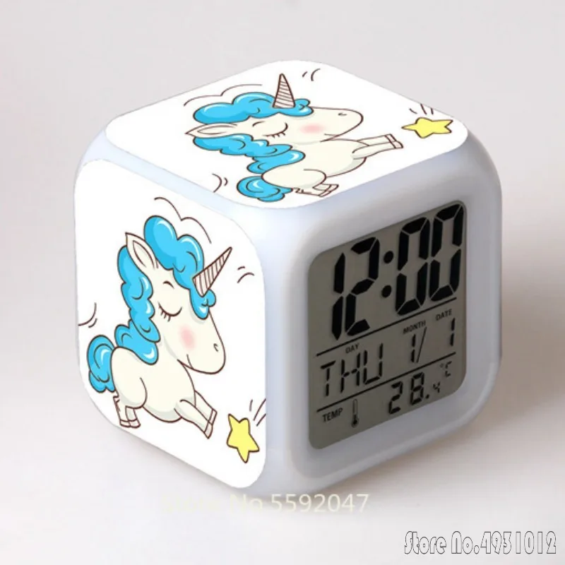 Anime Colorful Unicorn Cartoon Alarm Clock Creative Student 8x8x8cm LED Cube with Colorful Light Display Time Week Month