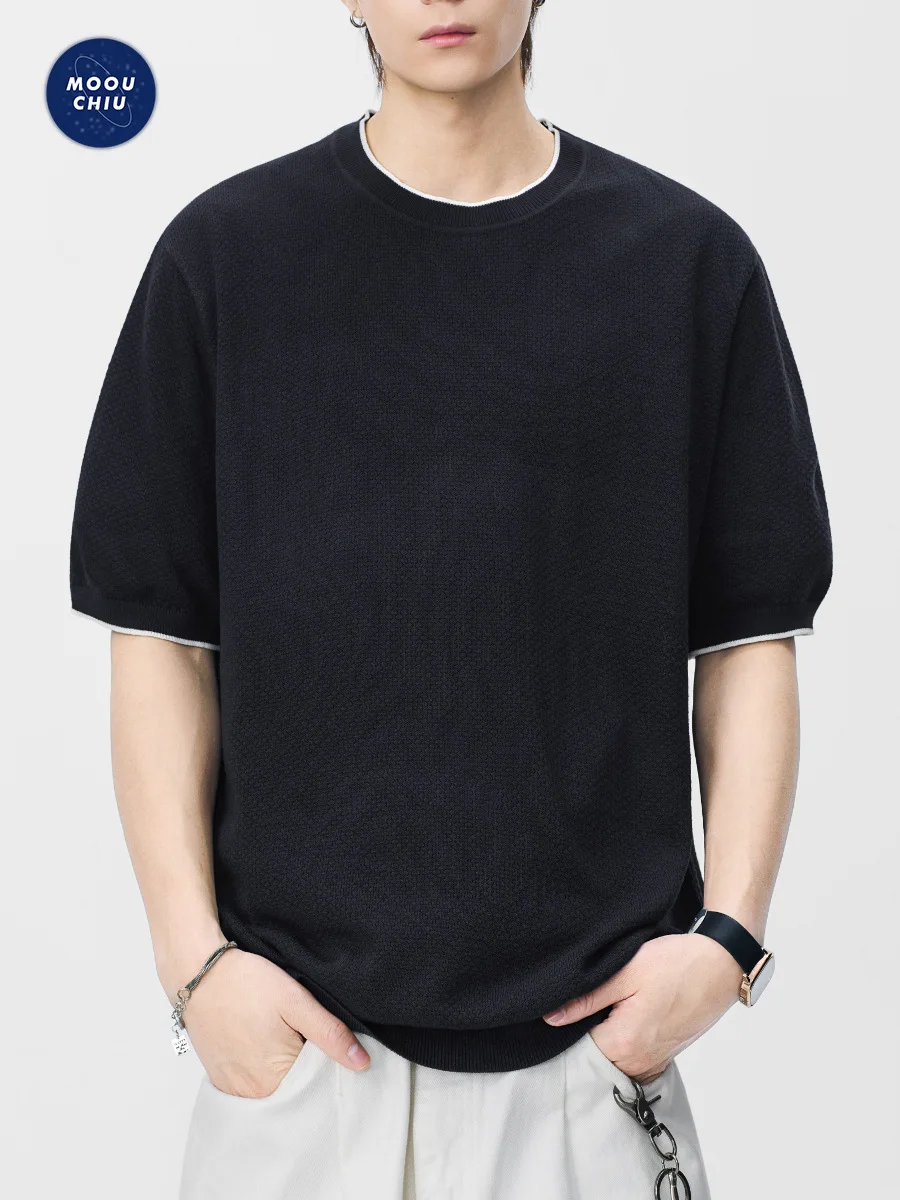 American-style textured crew neck knit short-sleeved T-shirt for men, twisted stripe, vertical ribbed short-sleeved T-shirt