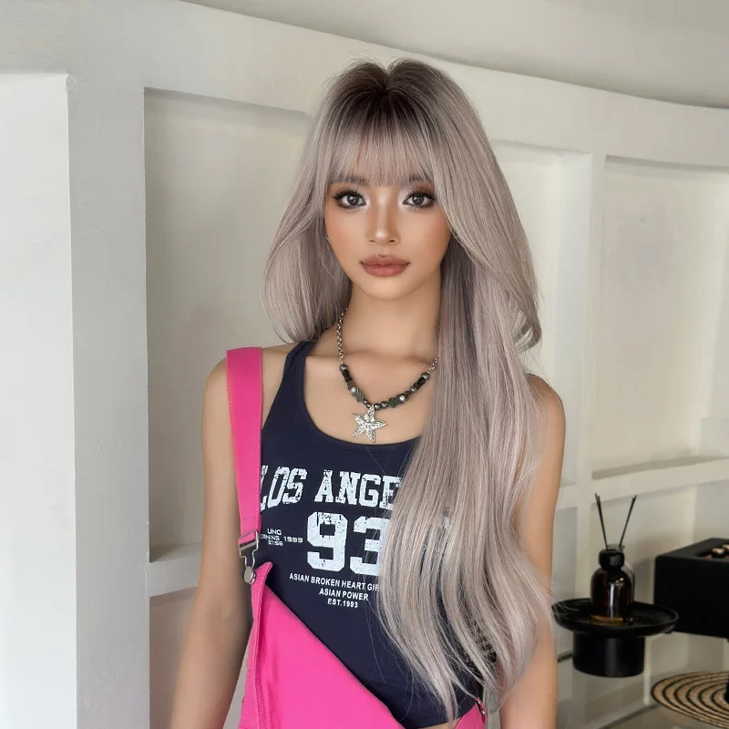 شعر مستعار، شعر نسائي طويل مستقيم، قهوة وردية، صبغ الرأس، غرة، شعر طويل