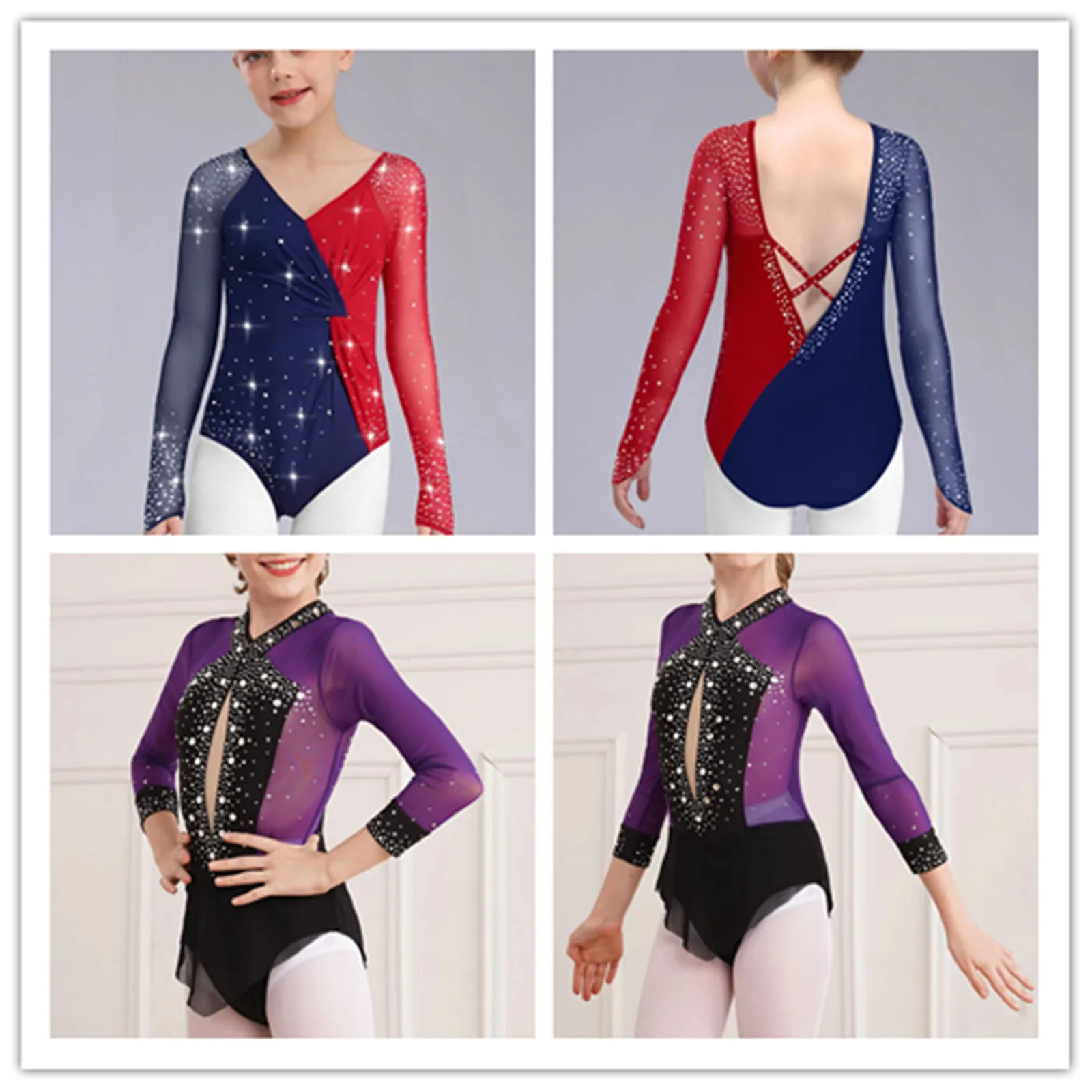 

Kids Girls Rhythmic Gymnastics Artistic Figure Skating Ballet Jersey Dance Leotard Costume Sheer Mesh Shiny Rhinestones Bodysuit