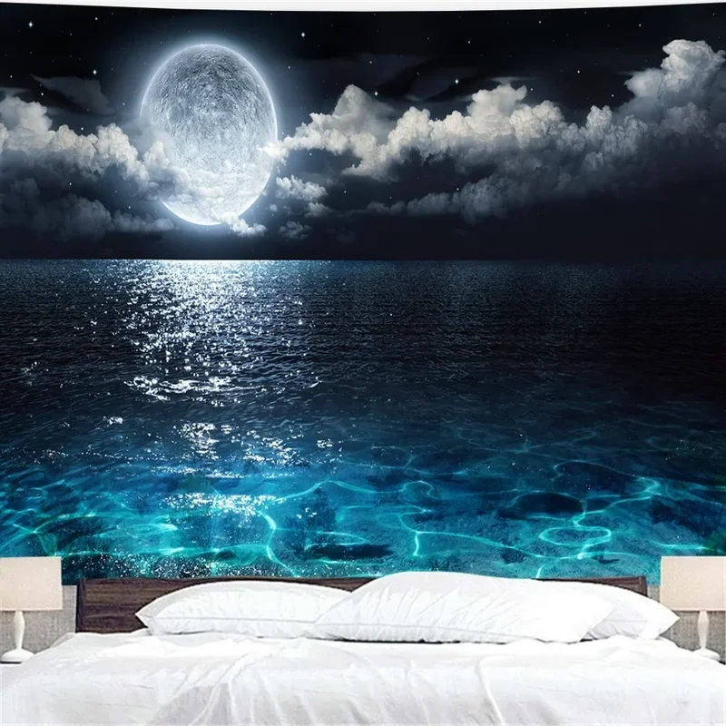 Night Bright Moon Sea Creative Tapestry Home Decor Aesthetic Bed Bedroom Living Room Backdrop Decorative Tapestry Aesthetic