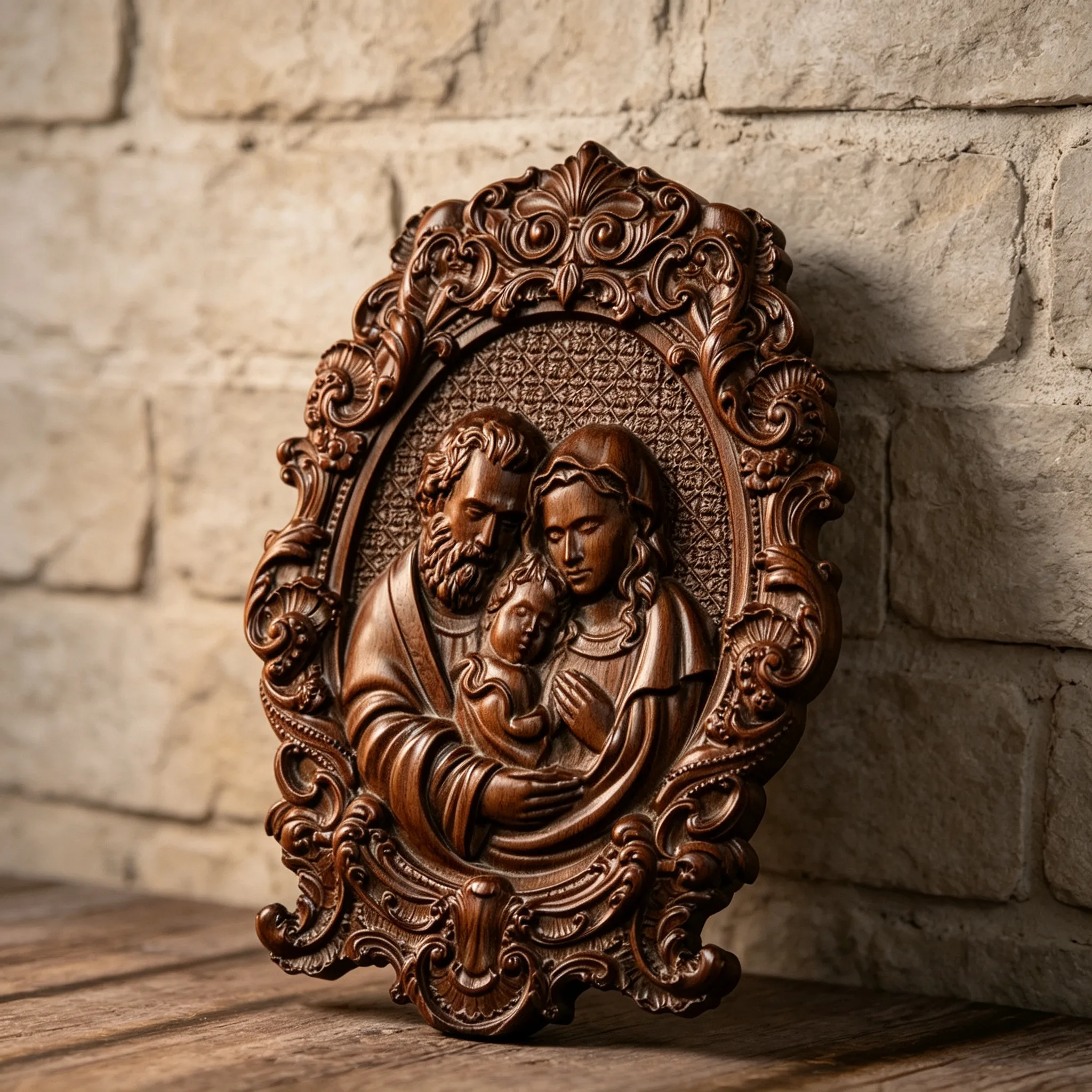 Holy Family Wood Carving Wall Plaque Virgin Mary Joseph Baby Jesus Religious Wall Hanging Baroque Golden Frame Sculpture Catholi