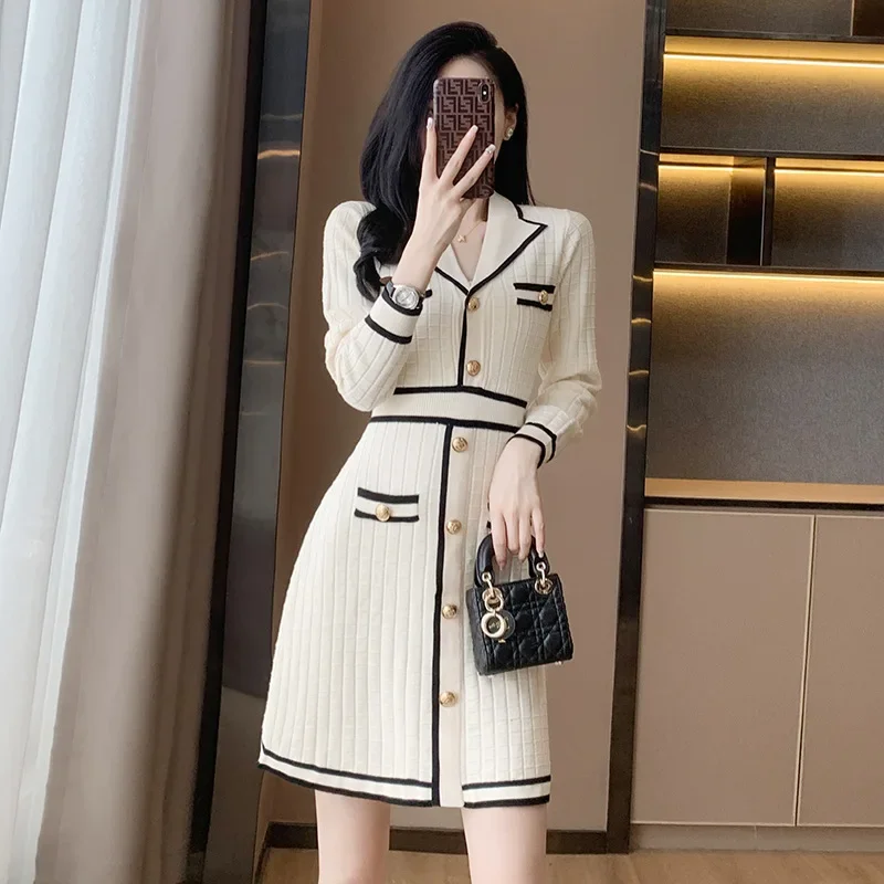 

Luxurious Women's Knitting Dress Long Sleeve Korean Fashion Sweater Dresses Button Designer Clothing Sexy Mini Skirt New