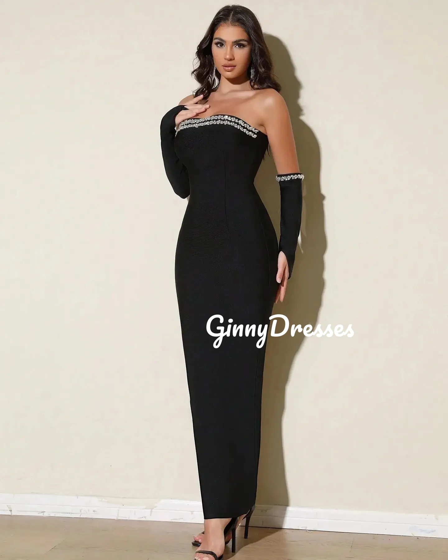 

Customized Evening Dress Woman Strapless Sheath Prom Dresses Floor-Length Beadings Zipper Up Sleeveless Lining Wedding Party Dre