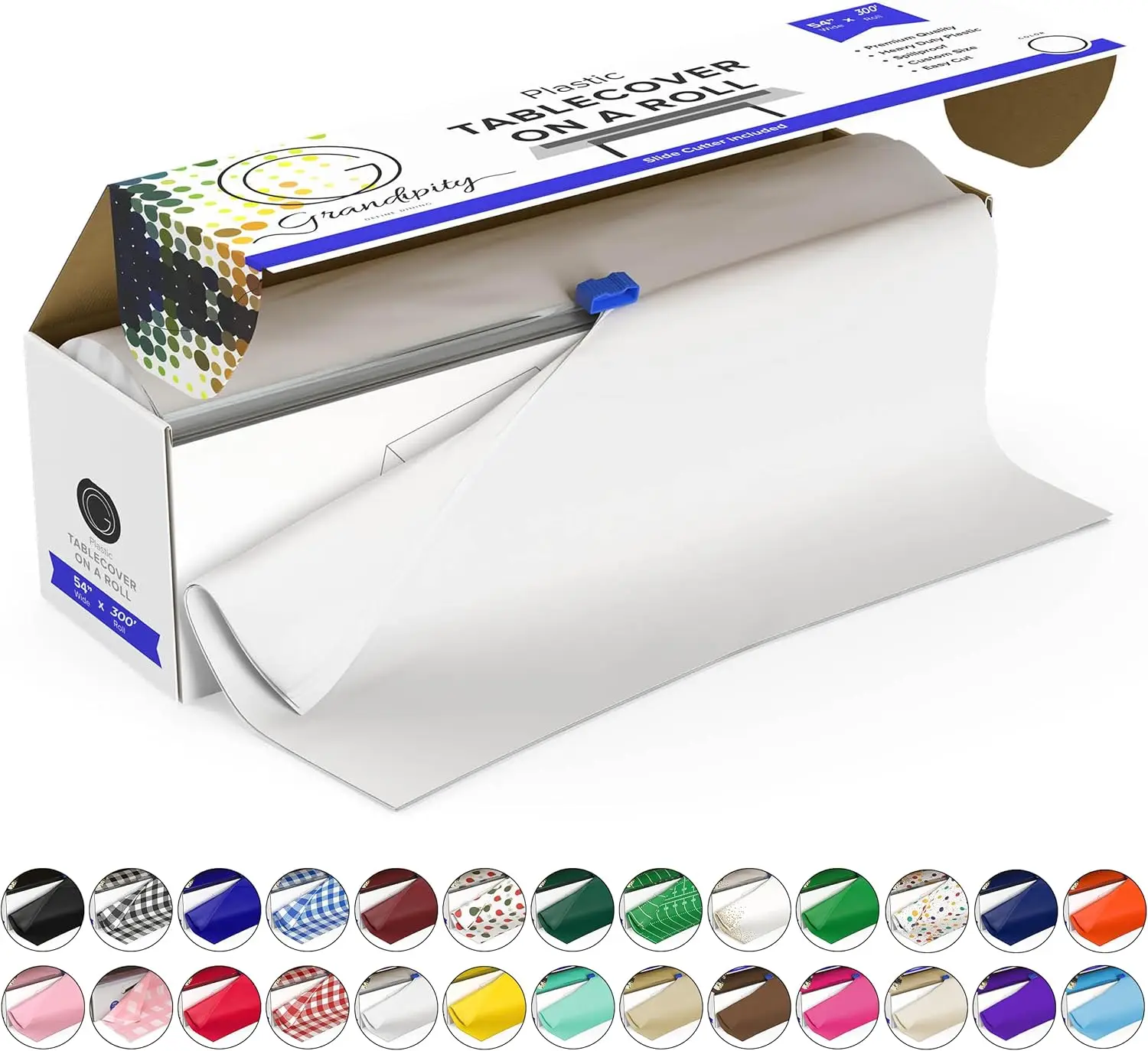 

Plastic Tablecloth Roll - 54in x 300 Ft. White Plastic Table Cloths for Parties Disposable with Cutter Box - Cut to Size