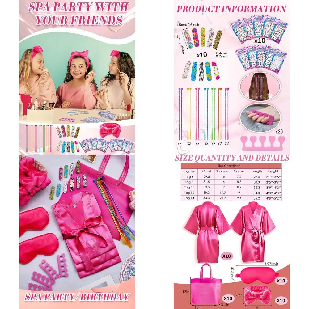 

Набор для спа-вечеринки из 92 предметов для пижамных вечеринок с атласными халатами, повязками и масками для глаз, 10 комплектов для ночевки в розовом цвете