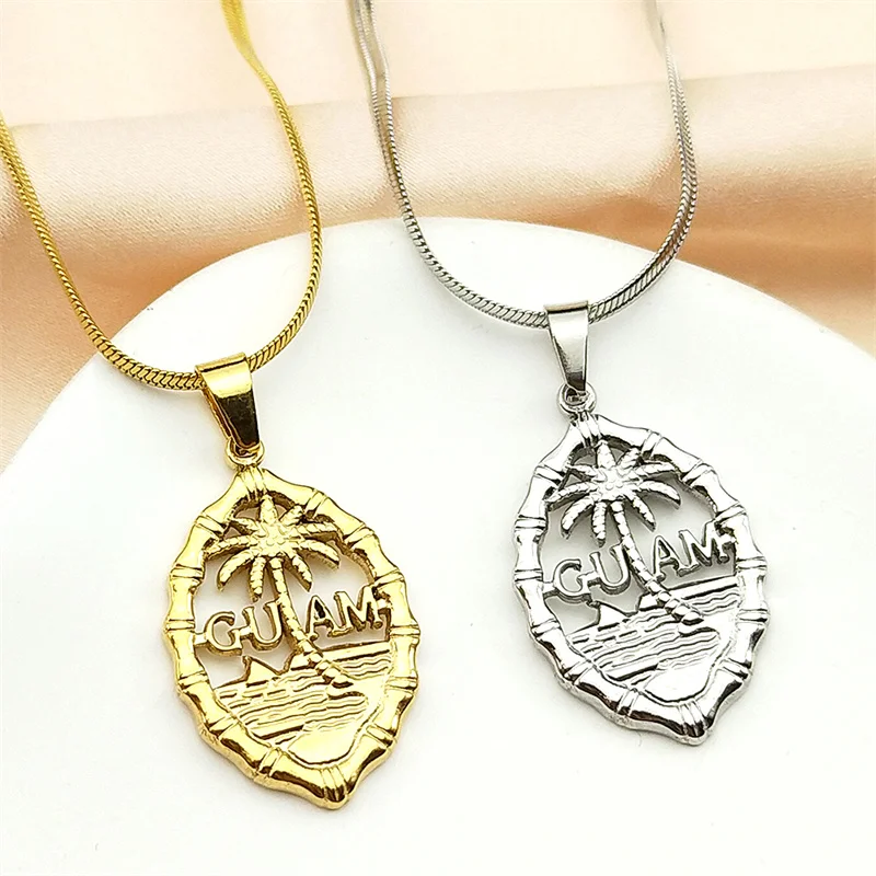 

Rugby Shaped Coconut Tree Guam Pendant Necklaces for Women Men Stainless Steel Gold Color Snake Chain Island Beach Jewelry Gift