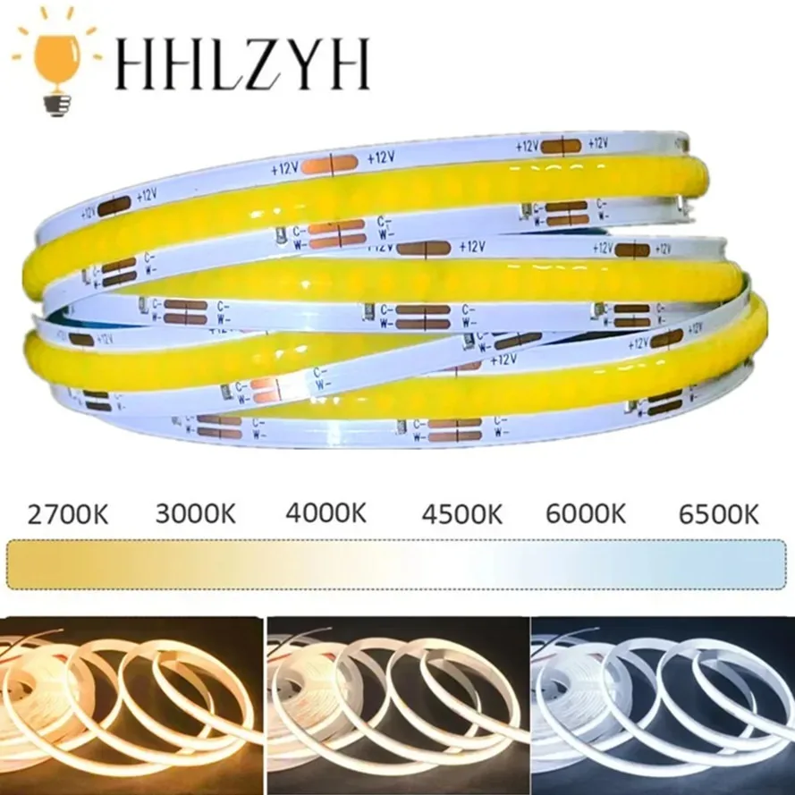 DC12V 24V CCT COB LED Strip Lights High Density 608 LEDs/m Flexible Dimmable FOB Led Tape 2700K to 6500K Changeable LED Lighting