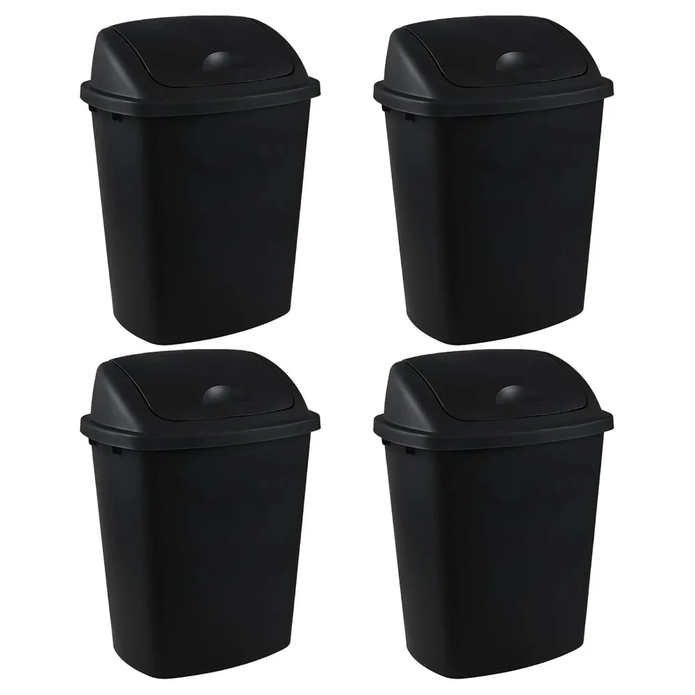 10 Gallon Plastic Kitchen Trash Containers with Swing Lid, 4 Pack Swing Top Garbage Bin, Black