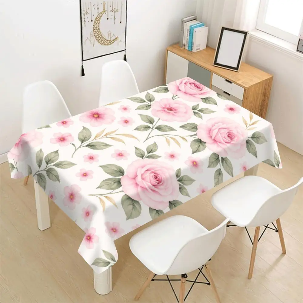 Pink Rose Tablecloth, White Background With Gentle Romantic Floral Pattern, Waterproof Table Cover Daily Meals & Home Party Use