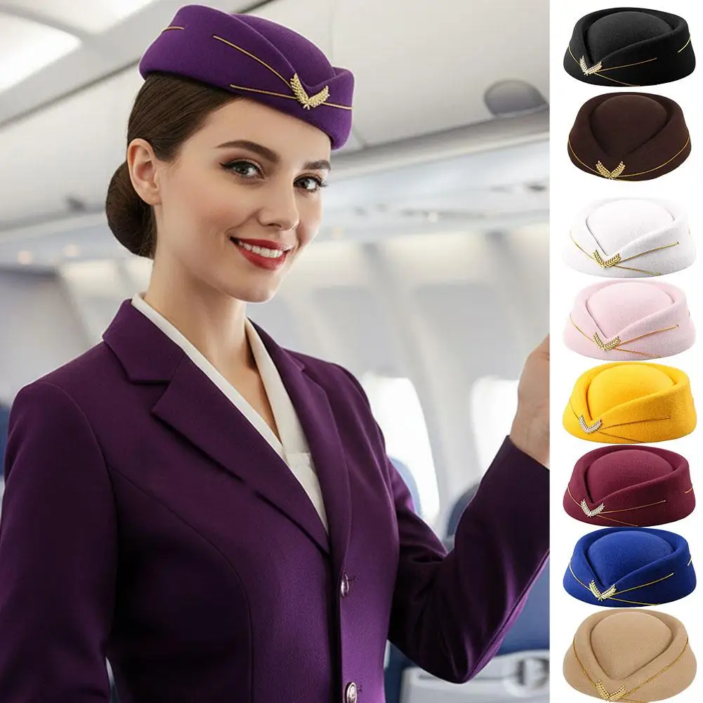 Air Hostess Style Wool Blend Beret Flight Attendant Hat with Gold Wreath Emblem, Costume Daily Wear High-end Beret 1PCS
