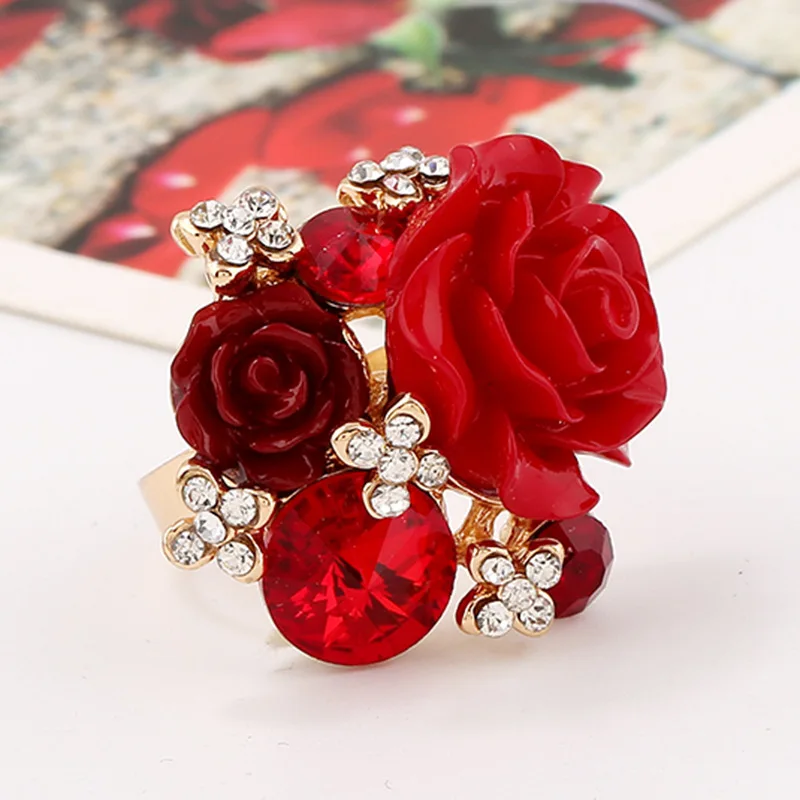 New Fashion Sweet Resin Rose Adjustable Personalized Ring Ethnic Red Zircon Crystal Bride Wedding Ring Jewelry Bague Femme