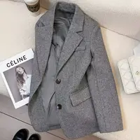Grey Herringbone Pattern Woolen Suit Jacket for Women 2026 New Autumn Winter Retro Commuting Casual Top Female Single Breasted 5