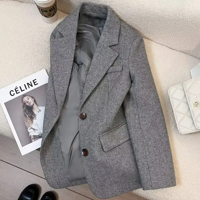 Grey Herringbone Pattern Woolen Suit Jacket for Women 2026 New Autumn Winter Retro Commuting Casual Top Female Single Breasted 5 Grey Herringbone Pattern Woolen Suit Jacket for Women Autumn Winter Retro Commuting – view 5