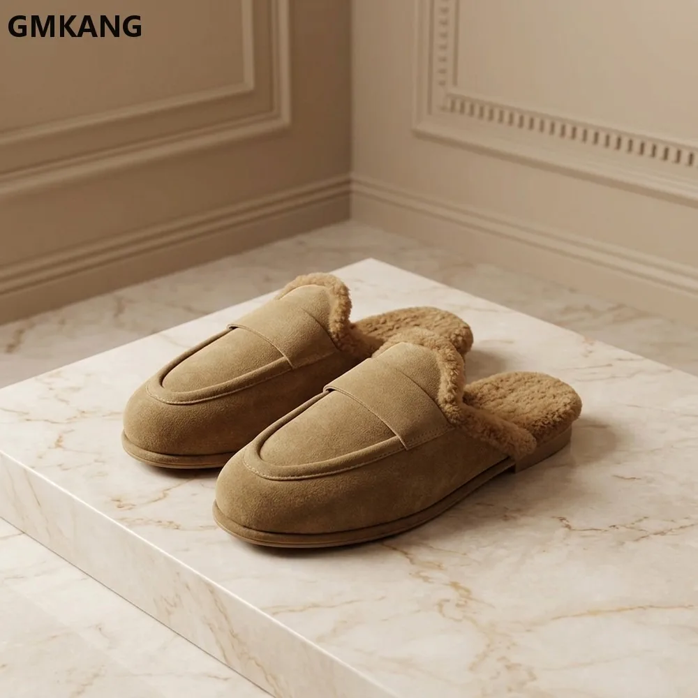 Women's Furry Slippers Winter Warm Flat Bottom House Shoes Comfortable Non-Slip Indoor Outdoor Cozy Faux Fur Slides