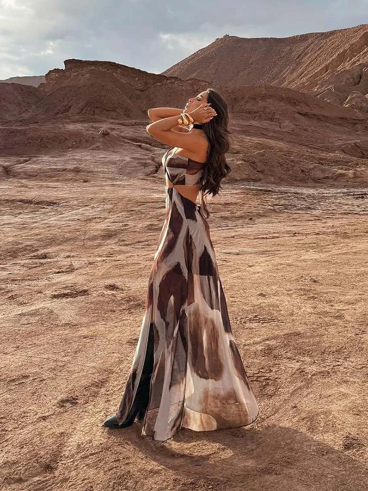 Sexy Printed Backless Hollow Out Maxi Vestido Women Sleeveless Off Shoulder V Neck Slim Sling Dress Summer Lady Night Party Wear