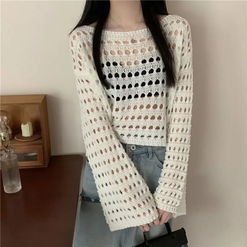 Spring Summer Round Neck Long Sleeve Skeleton Knit Sweater Women Thin Stacked Sunscreen Coverall Loose Short Tops Outerwear