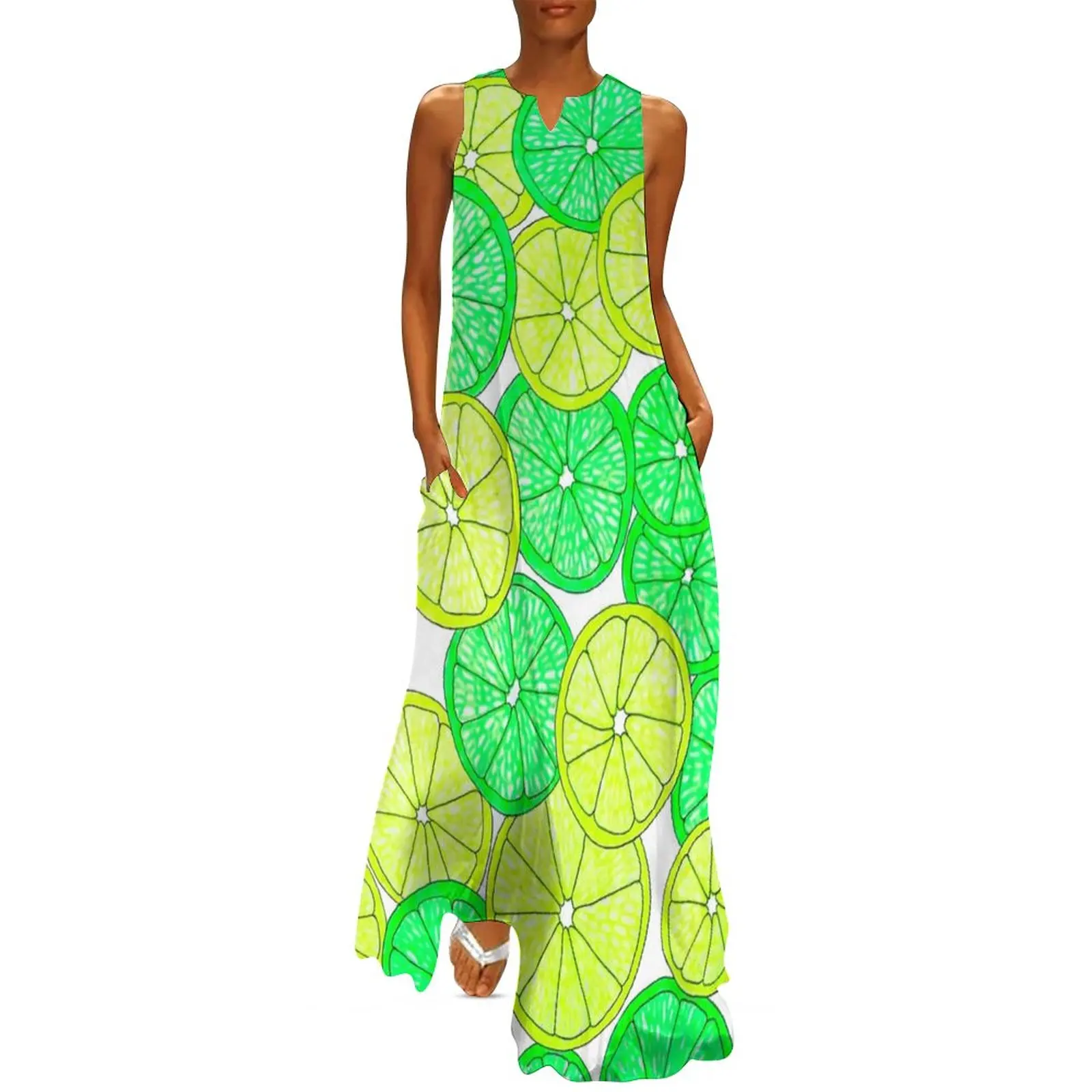 Lemon And Lime Dress Spring Bright Citrus Fruit Streetwear Boho Beach Long Dresses Women Pattern Elegant Maxi Dress Big Size 5XL