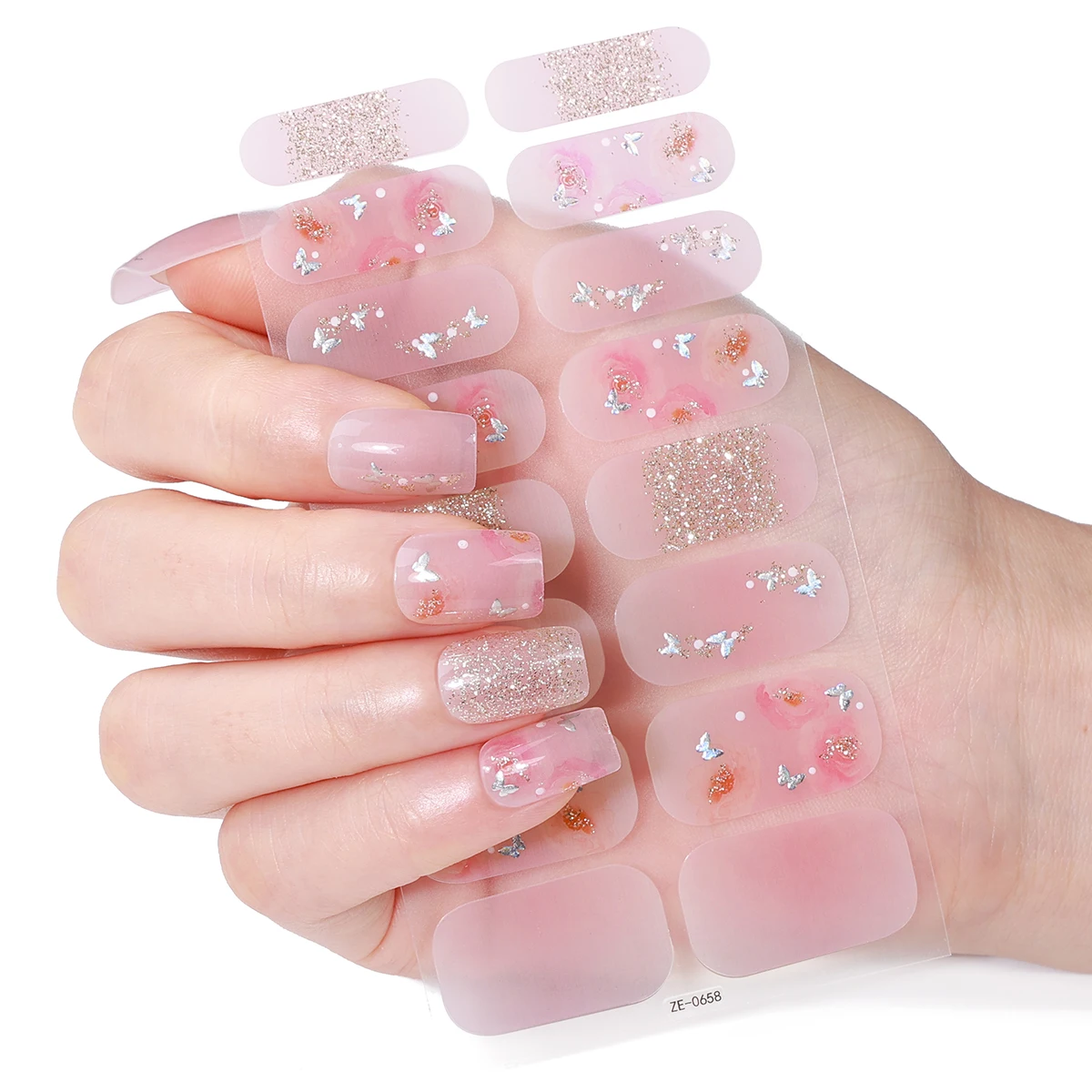 16Tips Full Cover Nail Stickers Spring Pink Flowers Nail Polish Strips Long-Lasting Self Adhesive Nail Art DIY Manicure Decor