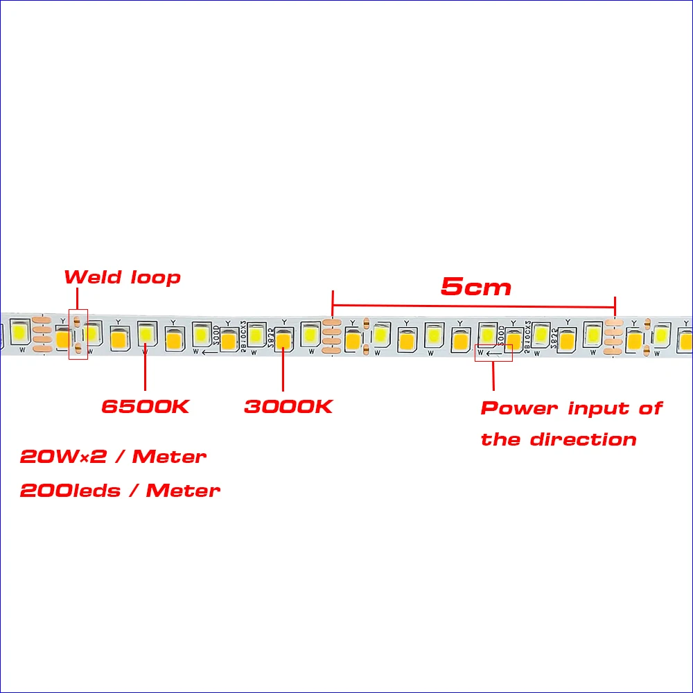 5meter 4solder joint 200D 5B10CX2 2835 LED strip constant current LED ribbon 20Wx2colors/meter light belt be used in chandeliers
