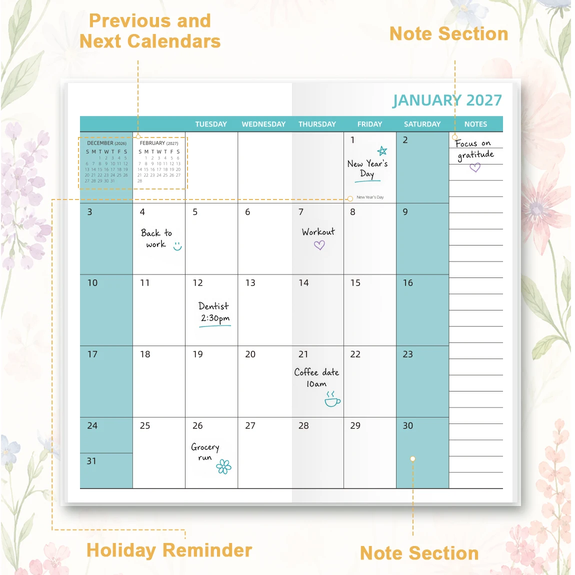 1pc A6 2026-2027 Monthly Planner, Jul 2026-Aug 2027 Pocket Calendar with Holidays, Contacts, Notes, Black Gold Cover