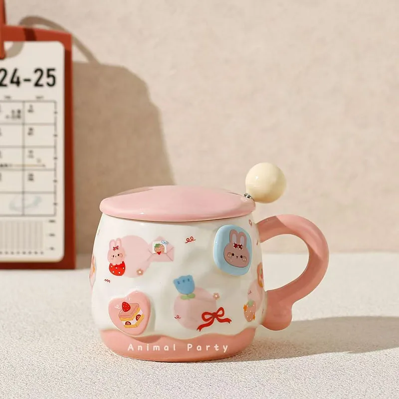 

Cute Animal Party Ceramic Mug with Lid and Spoon Cartoon Bear Rabbit Cat Dog Coffee Cup for Office Home Use Gift for Girls