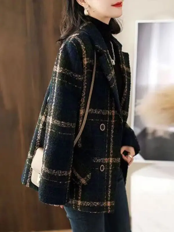 plus Size Women's Korean Style High Quality Plaid Patchwork Woolen Coat Winter New Retro Woolen Coat Large Size Women