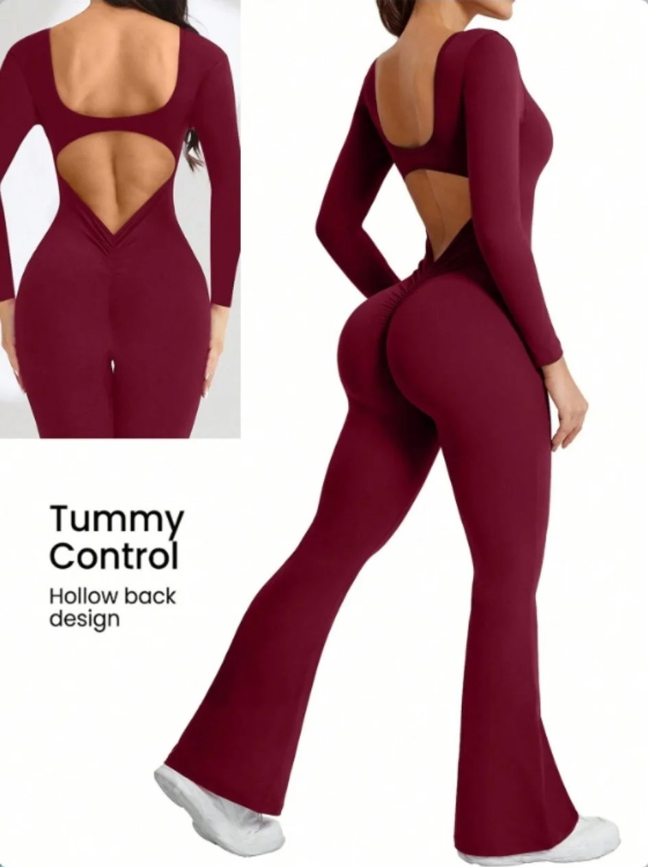 High quality solid color long sleeved compression exercise jumpsuit women's sportswear bell bottom pants sexy push up yoga set image 2
