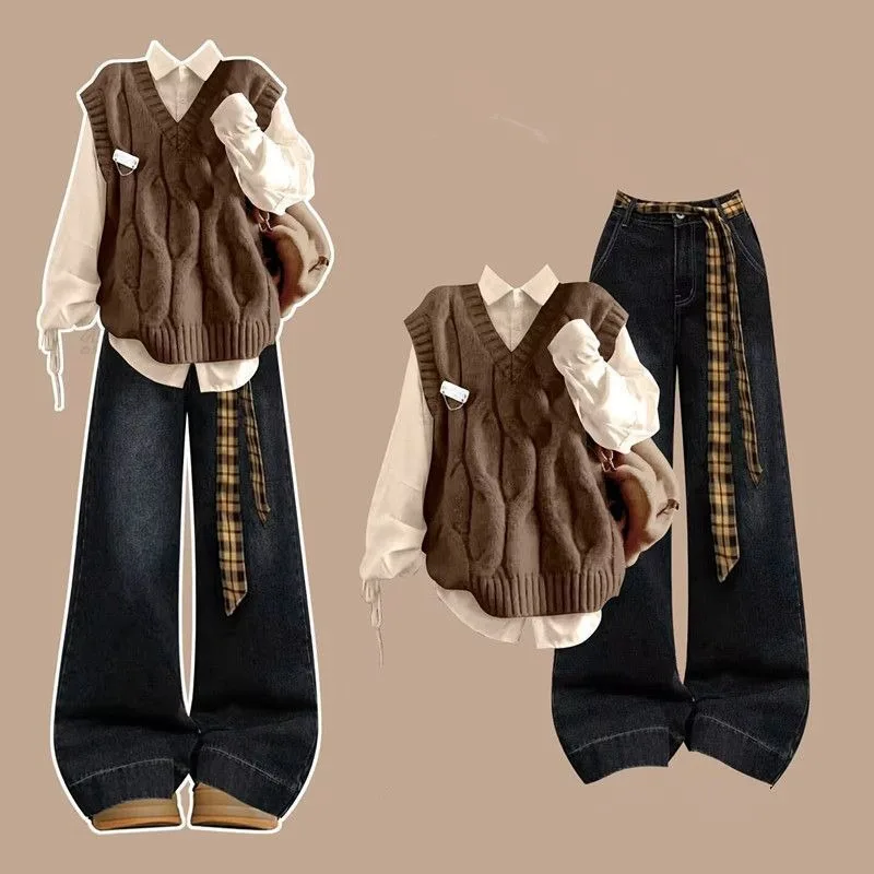 Fashion Individualistic Autumn Winter Coat Petite Student Outfit Three-piece Set Brown Vest  Girl Drawstring Shirt and Jeans
