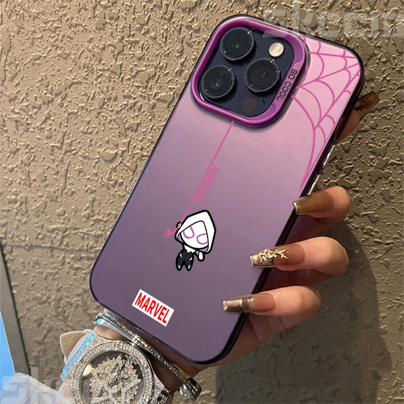 Casing Ponsel Pasangan Spiderman untuk iPhone 16 15 14 11 12 13 Pro Max 7 8 Plus X XR XS Max Sampul Dalam Berlapis Perak Berwarna