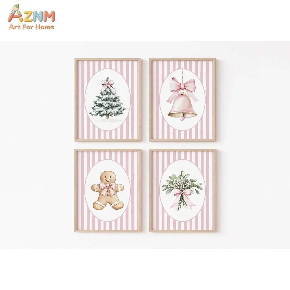 AZNM Pink Striped Oval Christmas Canvas Poster Gingerbread Man Bell Tree Eucalyptus Bow Soft Pastel Holiday Wall Decor, Unframed