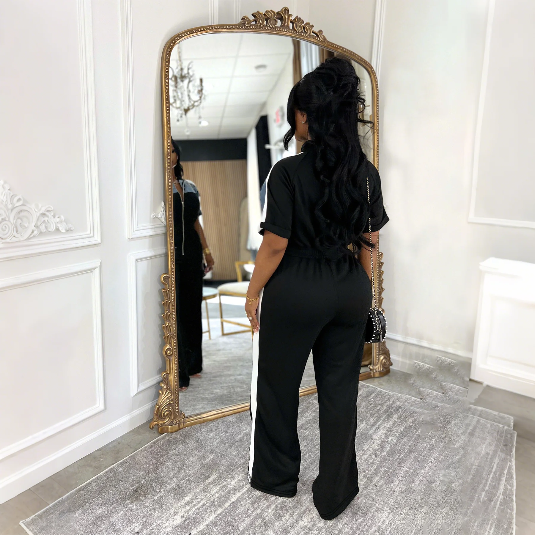 TW635 Summer new women's contrasting color stand-up collar zipper jumpsuit Denim patchwork high-end commuting slimming jumpsuit