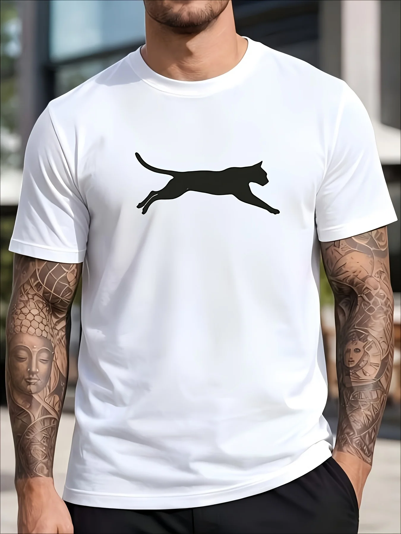 Gym Outdoor Men Breathable Short Sleeve Clean Solid Sprint Cheetah Minimal Wild Animal Outline Soft Loose Commute Top