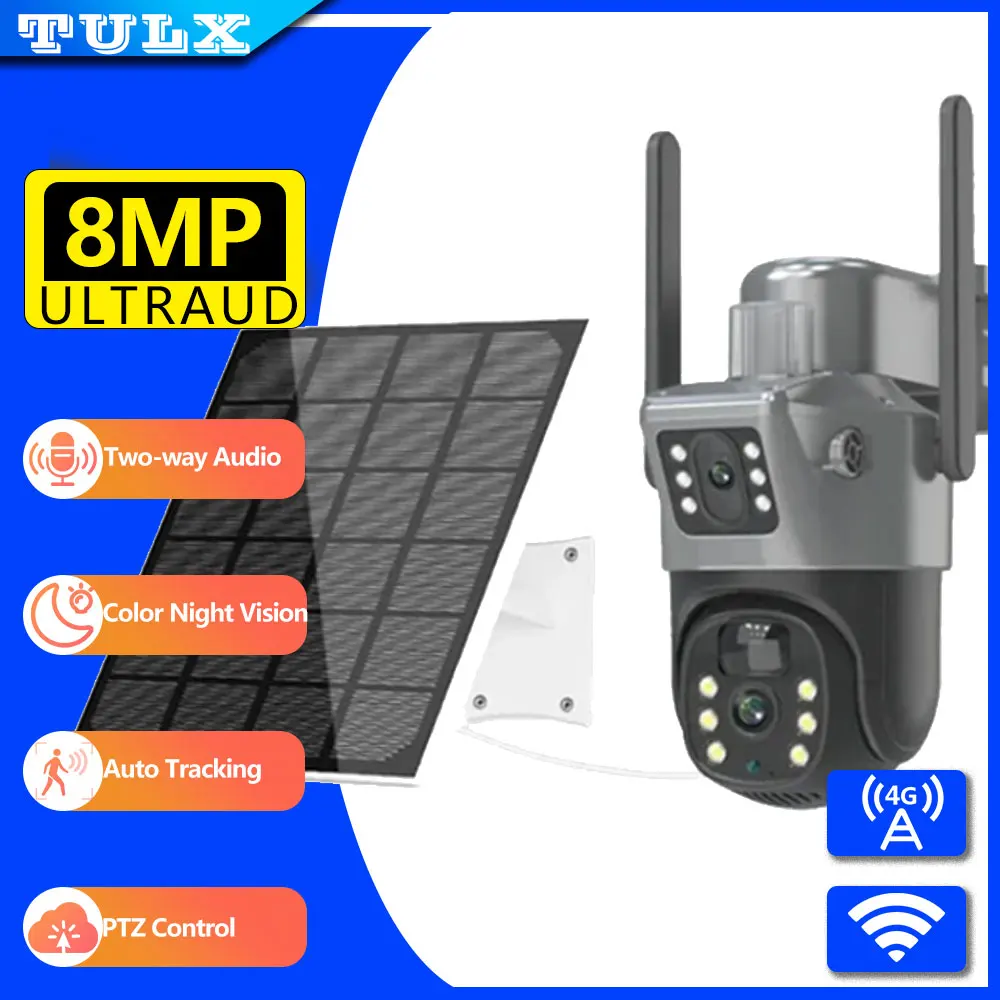 

LZJV 4K UHD 8MP 4G Dual Lens PTZ Solar Camera Dual Screens PIR Human Tracking Outdoor Surveillance IP Camera WIFI Security CCTV