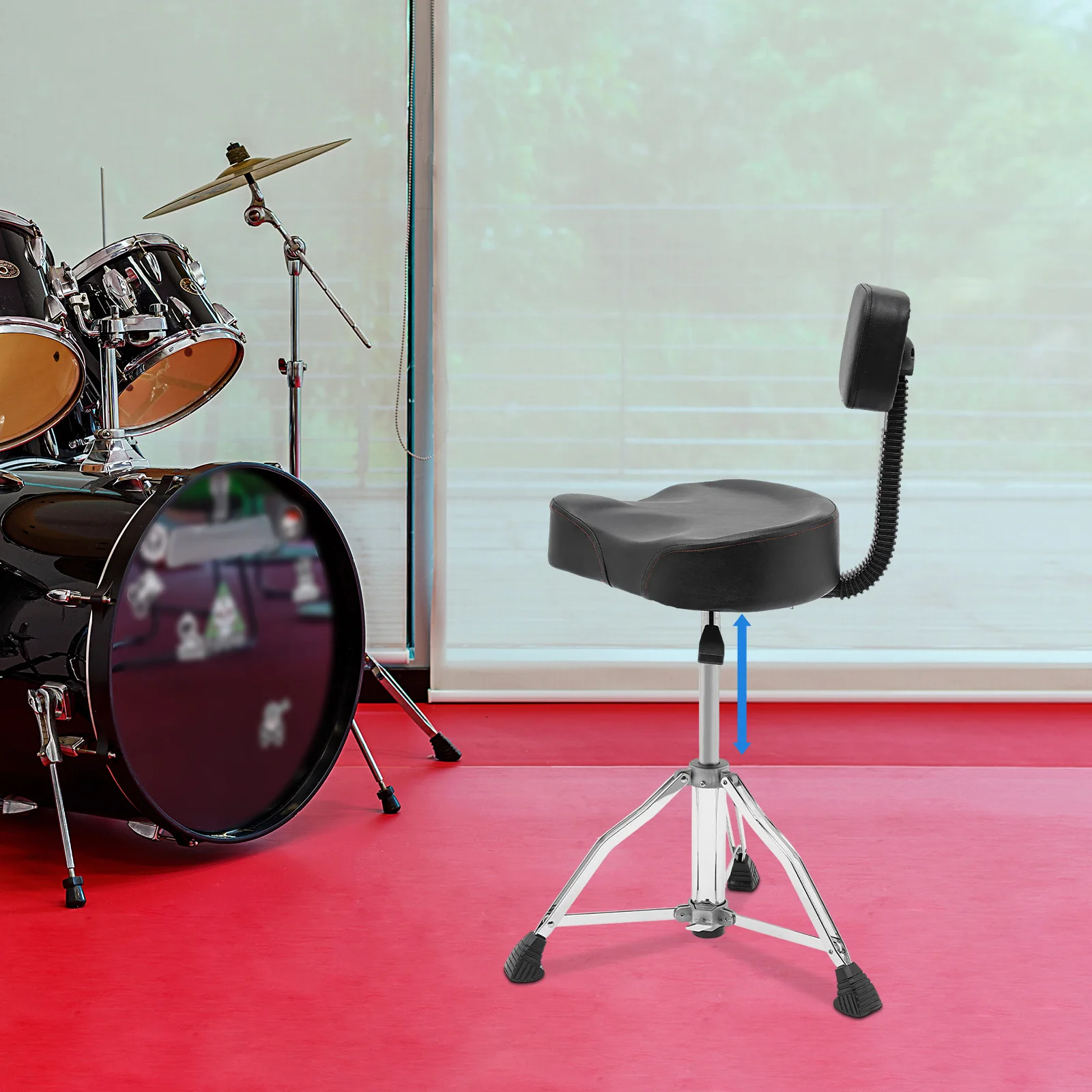 

Adjustable Height Pneumatic Drum Stool With Backrest 360° Rotatable Memory Foam Drum Chair Black Steel Frame Max Load 120kg