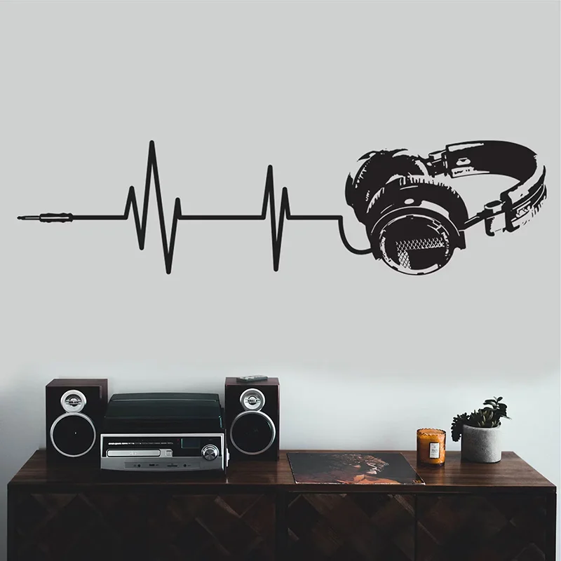 Music Heart Rate Dj Headphone Sticker for Teen Boys Room Bedroom,Music Recording Studio Decoration Decals Removable Mural Q052