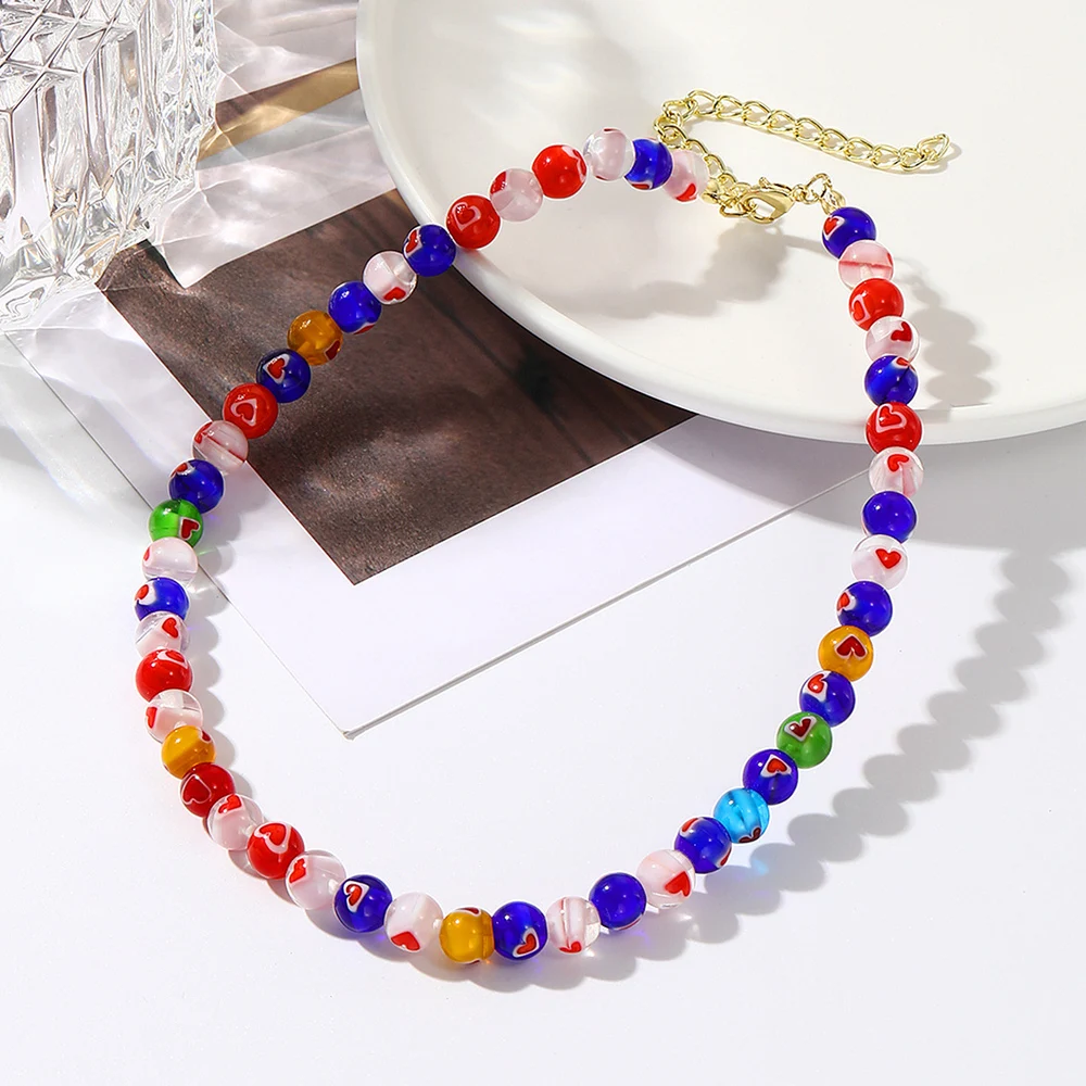 Bohemian Elegant Pearl Necklace Handmade Wove Colour Beads Millefiori Glass Clavicle Chain Choker for Women Girl Beach Jewelry