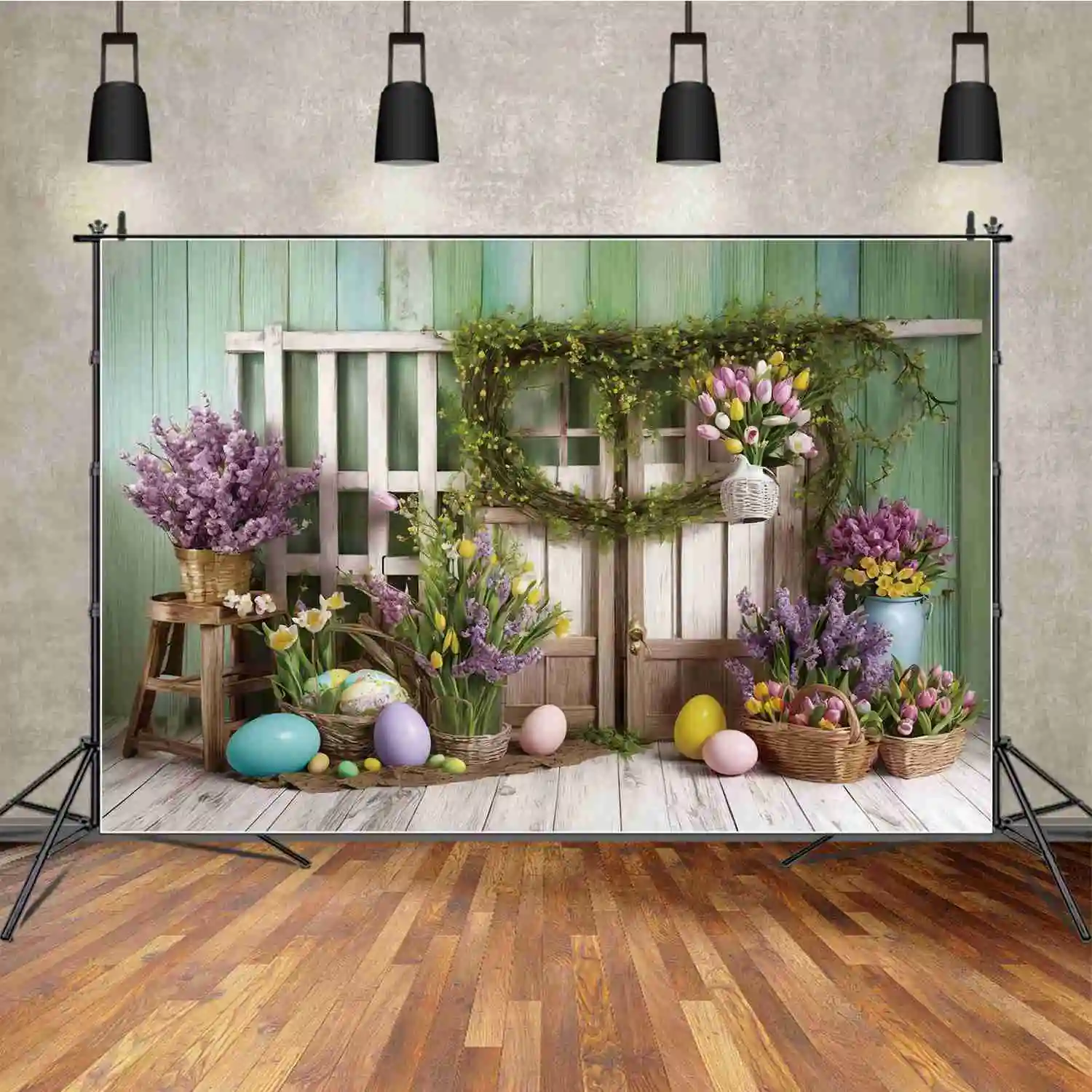 MOON.QG Green Purple Pink Blossom Flowers Blanket Bouquet Colourful Painted Eggs Wood Door Easter Background Decoration Backdrop