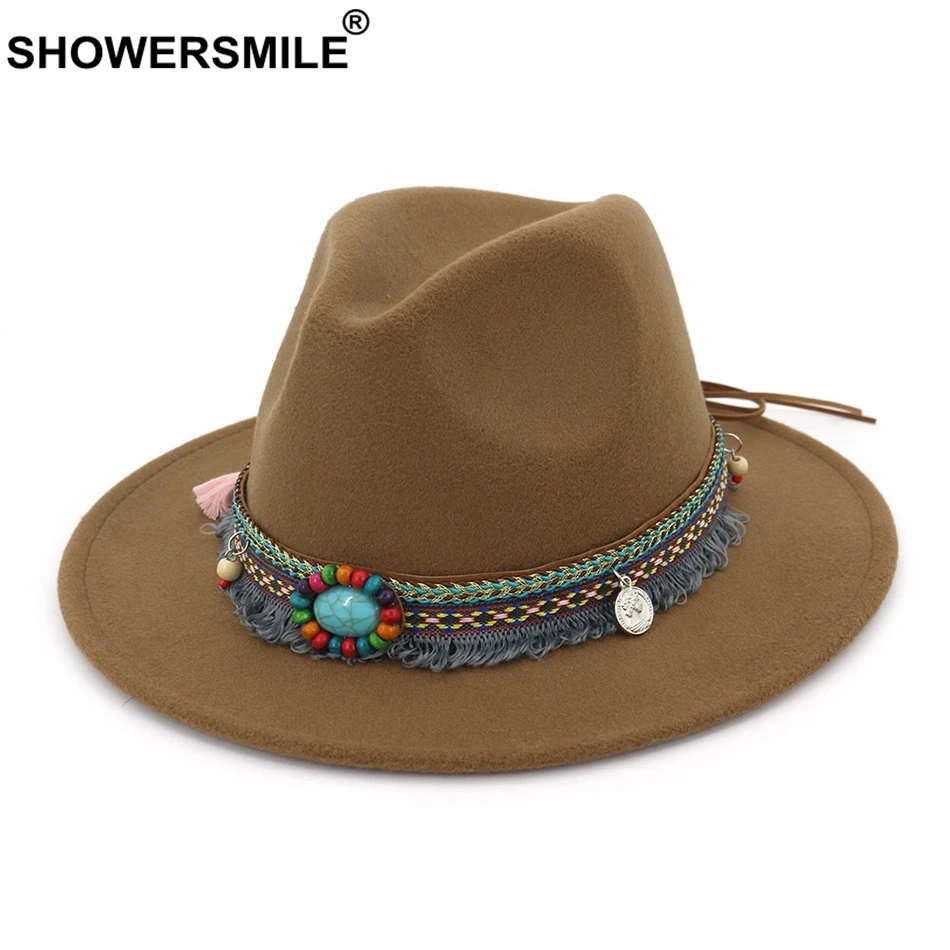 SHOWERSMILE Pink Fedora Ladies Vintage Felt Hat Women Casual Ethnic Style Large Brim Tweed Autumn Winter Jazz Cap Red Black 2024