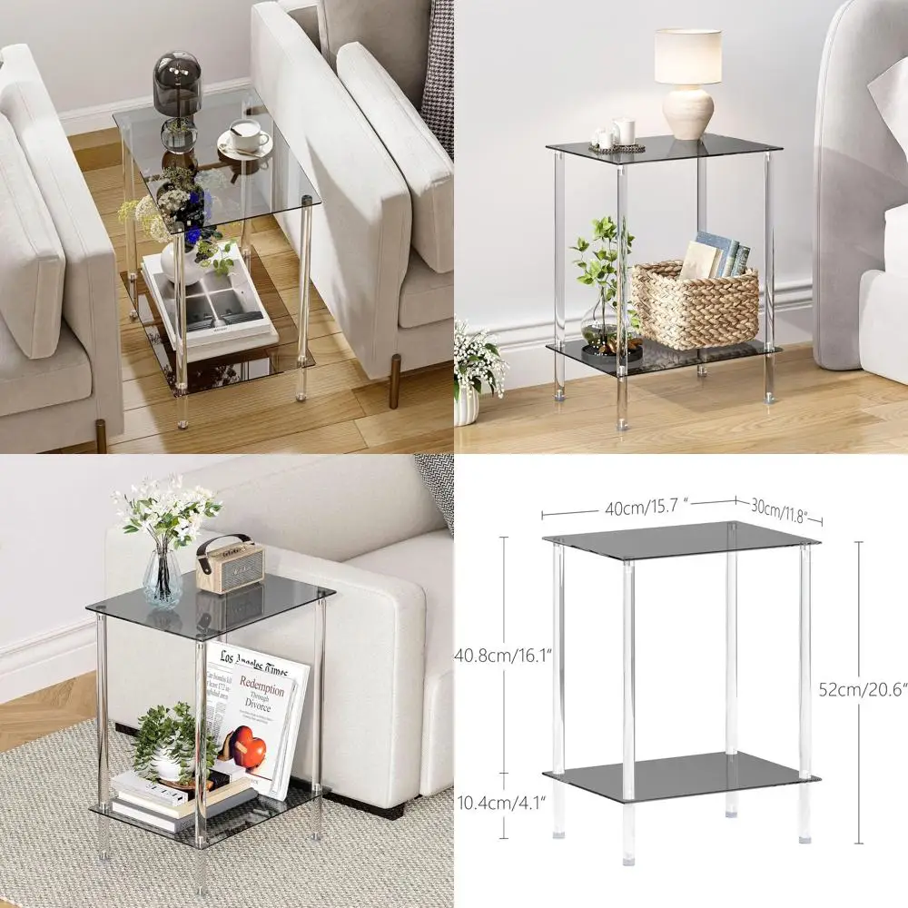 

Набор из 2-х прозрачных акриловых прикроватных столиков из закаленного стекла с полками для хранения, 2-уровневые тумбочки для небольших помещений, спальни, офиса, гостиной