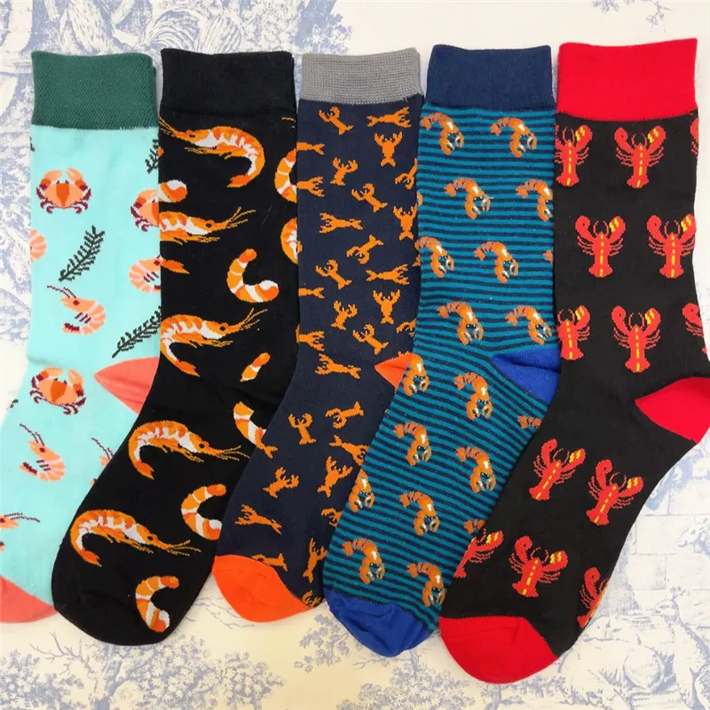 1Pair Adult Size Mid Calf Crew Cartoon Arthropod Cottton Unisex Socks Funny Shrimp Crab Lobster Crayfish Funky Sox Dropshipping