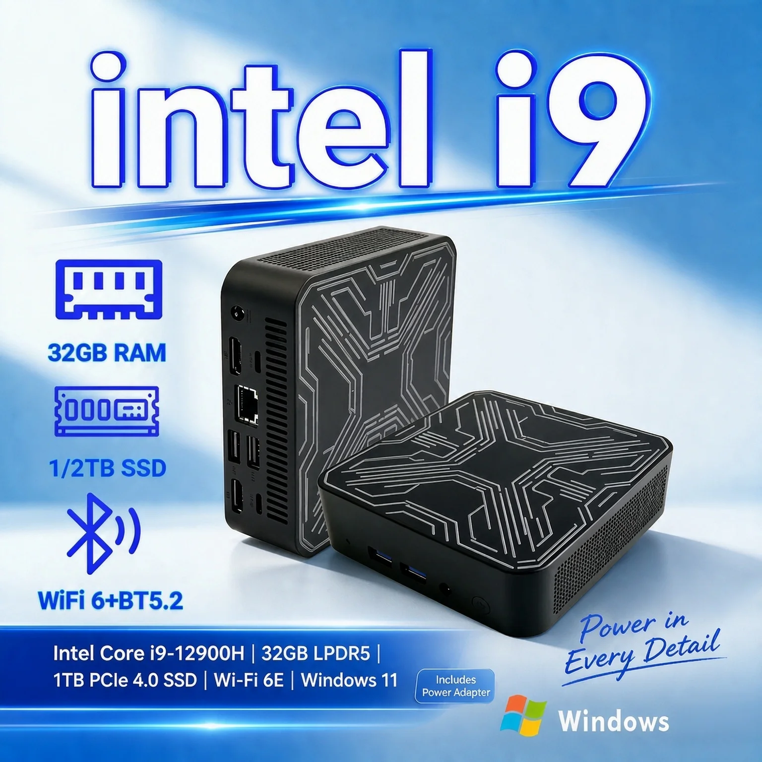 Intel Core i9 10980HK Mini PC Portable Small Desktop 16GB DDR4 M.2 NVMe SSD Triple 4K WiFi6 Silent Cooling for Office & Home Use